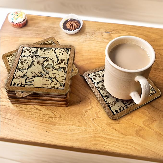 02 Chihuahua Dog Coaster - Chihuahua Dog Puzzle Wooden Coaster Set - Interlocking Jigsaw Drink Mats with Laser-Cut Design for Chihuahua Lovers (Chihuahua Dog)