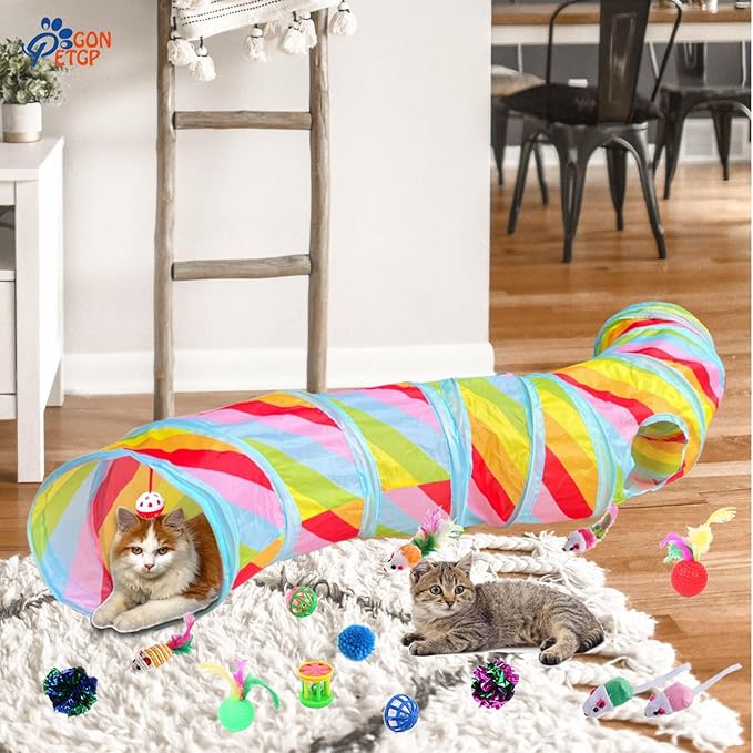 Cat Toys Kitten Toys for Indoor Cats Collapsible Cat Tunnels Tube Toy Bundle Pack, Cat Feather Teaser Interactive Feather Toy Fluffy Mouse Crinkle Balls Play for Cat Puppy Kitten