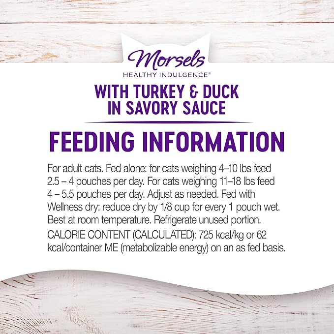 Wellness Healthy Indulgence Morsels Grain-Free Wet Cat Food, Made with Natural Ingredients and Quality Proteins, Complete and Balanced Meal, 3 oz Pouches (Turkey & Duck in Savory Sauce, 24 Pack)