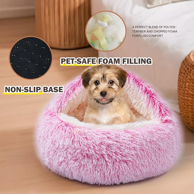 Cat Bed Calming Cat Beds,Indoor Washable Cat Bed，Anti-Slip Faux Fur Fluffy Cuddler Anxiety Cat Bed,Warming Cuddler Cushion Bed for Small Medium Dogs and Cats (Gradient Pink, 20 * 20inch)