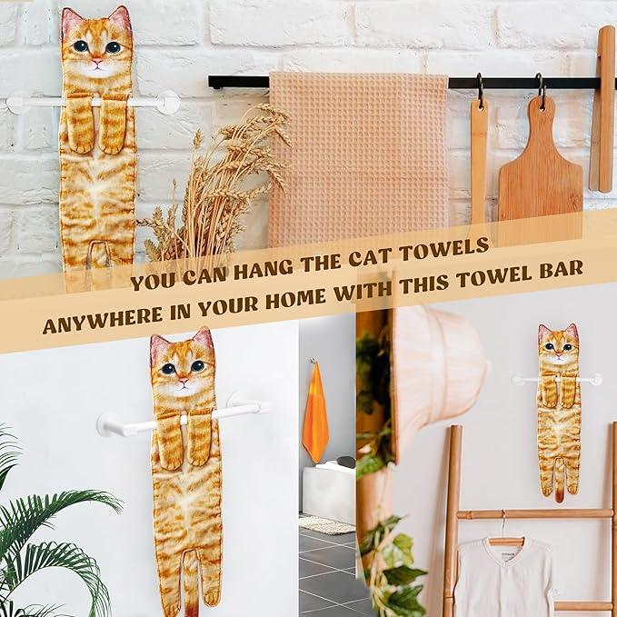 AGRIMONY Cat Funny Hand Towels with Towels Bar for Bathroom Kitchen - Cute Decorative Cat Decor Hanging Washcloths Face Towels Super Absorbent Soft - Housewarming Birthday Christmas Fun Gifts