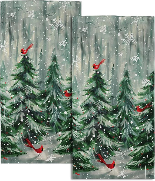 Winter Pine Tree Hand Towels Set of 2 Red Bird Decorative Bath Towel Soft Highly Absorbent Kitchen Tea Dish Towels for Bathroom Spa Gym