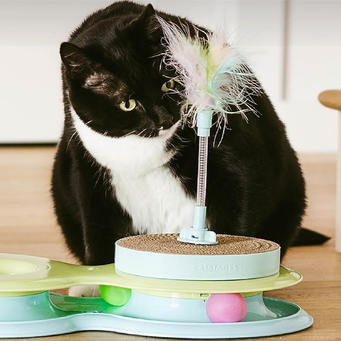 Catstages 2-in-1 Spring Toy Interactive Cat Toy and Topper for Cat Ball Track with Removable Feather Spring Toy and Corrugated Cat Scratcher, Blue