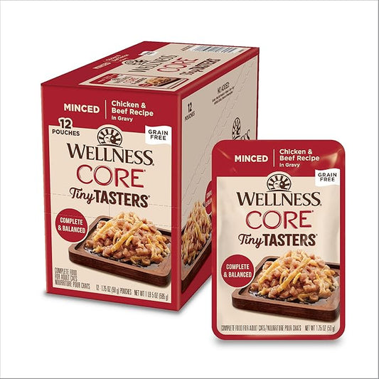 Wellness CORE Tiny Tasters Wet Cat Food, Complete & Balanced Natural Pet Food, Made with Real Meat, 1.75-Ounce Pouch, 12 Pack (Adult Cat, Minced Chicken & Beef in Gravy)