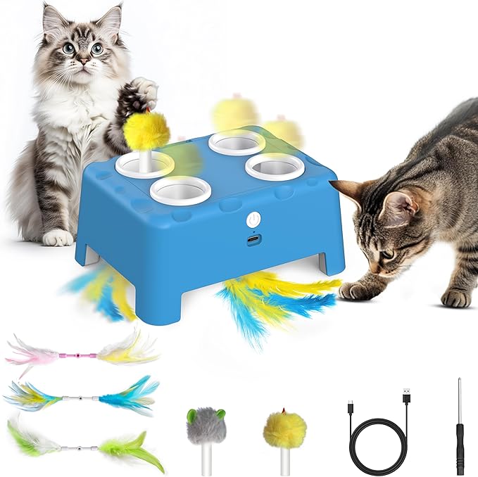 Cat Toys, 2 in1 Automatic Interactive Cat Toys for Indoor Cats, 4 Holes Mice Whack a Mole Cat Mouse Toy with Moving Feather, Rechargeable USB Power Kitten Feather Toys for All Breeds (Blue)