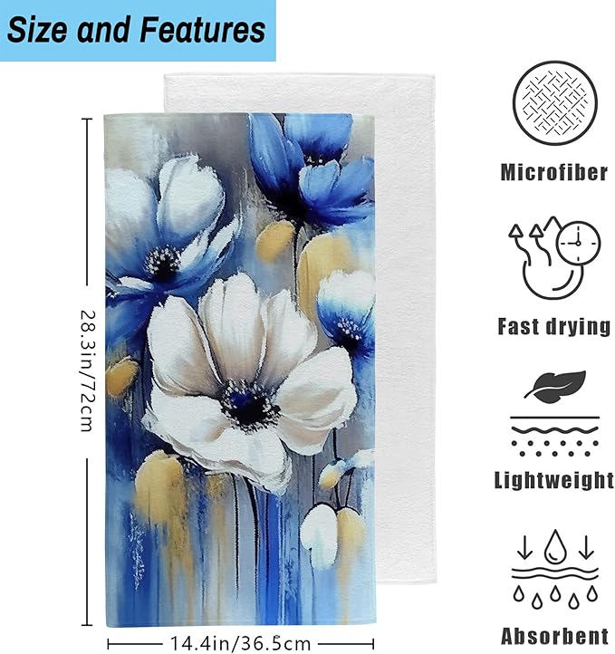Watercolor White Blue Flowers Hand Towel Set of 2,Abstract Oil Painting Floral Soft Absorbent Decorative Bathroom Kitchen Towel for Bathroom Kitchen Hotel Gym Yoga