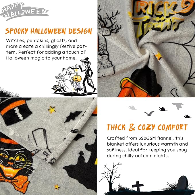 Pumpkin Halloween Throw Blanket 50” x 70” Reversible Castle Cat Bat Print Fleece Throw Blanket, 320 GSM Surper Soft Warm Cozy Blanket for Couch Sofa, Halloween Harvest Gifts and Orange Home Decor