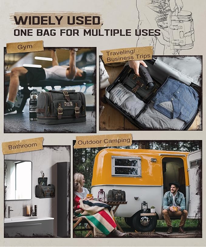 ARCFOX Travel Hanging Toiletry Bag for Men, Vintage Canvas Large Toiletry Bag with 7 Compartments, Camping Gym Travel Toiletry Kit Organizer with PVC Wet & Dry Pockets, Personalized Wash Bag, Black