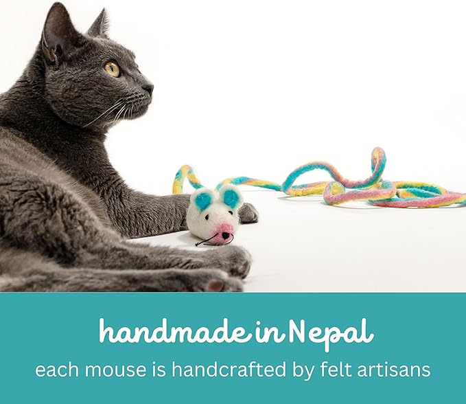 Catch a Mouse by The Tail Wool Cat Mouse Toy with a 6-Foot Tail for Indoor Cats Kittens. Cute Cat Toy Mouse Cat Toy. Rat Plush Toy, Fake Mouse, Mice. No Catnip. Pride (Unicorn Swirl)