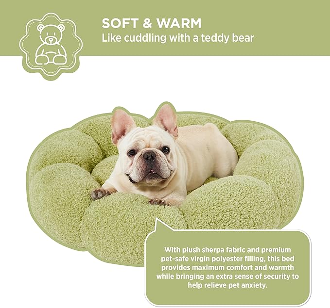 Lesure Calming Medium Dog Bed - Flower Donut Round Fluffy Puppy Bed in Plush Teddy Sherpa, Non-Slip Cute Flower Cat Beds for Indoor Cats, Medium Pet Bed Fits up to 45 lbs, Machine Washable, Green 30"