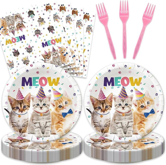 48Pcs Cat Birthday Party Decorations Include Meow Theme Paper Plates and Napkins Forks Supplies Cat Happy Birthday Cake Plates Set Sign Party Decorations for Girls Baby Shower Favors