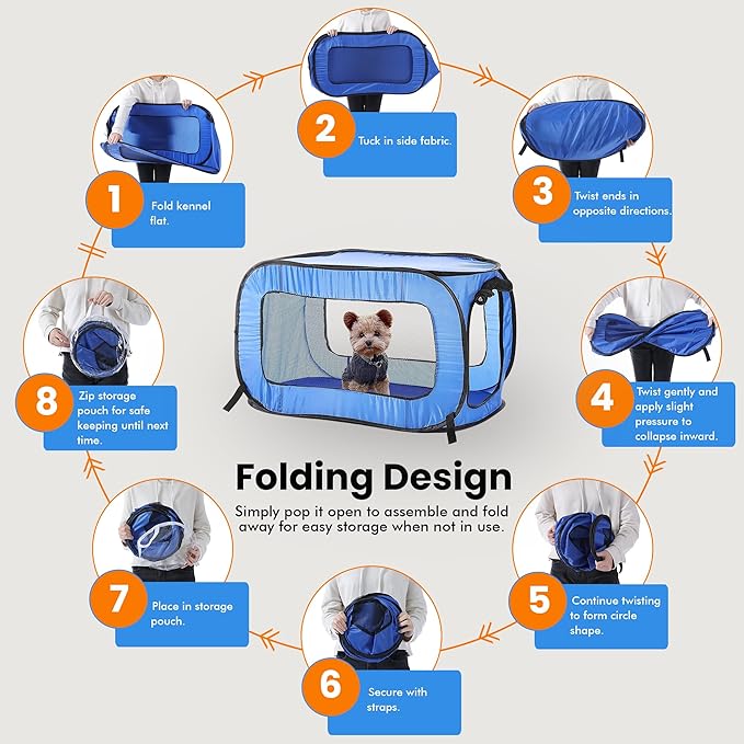 Beatrice Home Fashions Portable, Collapsible, Pop Up Kennel Travel Cat and Dog Crate, 40" L x 27" W x 27" H, Blue