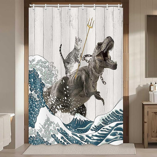 Boziqr Funny Cat Shower Stall Curtain, Cool Cat Dinosaur Japanese Ocean Wave Decor Fabric RV Bathroom Curtains, Kids Children Rustic Wooden Farmhouse Shower Curtain, 47 X 64 Inches