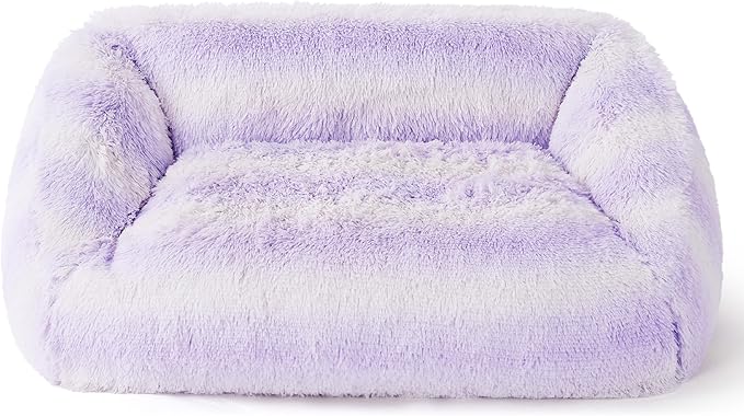 Lesure Cute Cat Couch Bed - Furry Indoor Cat Sofa Large, Washable Calming Small Dog Beds for Puppy with Fashion Design, 26x21x9inches, Purple Stripe