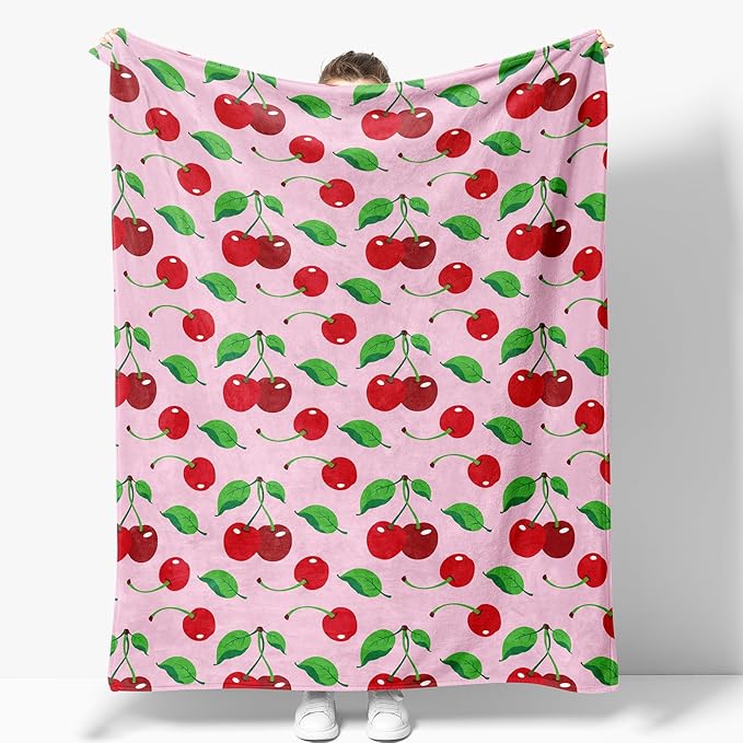 Cherries Blanket Gifts for Women Girls Mom Kids Adults Teen Birthday Christmas Valentine Present Pink Cherry Fruit Theme Decor Home Bedroom Living Room Sofa Couch Soft Cozy Plush Fleece Throw 60"x50"