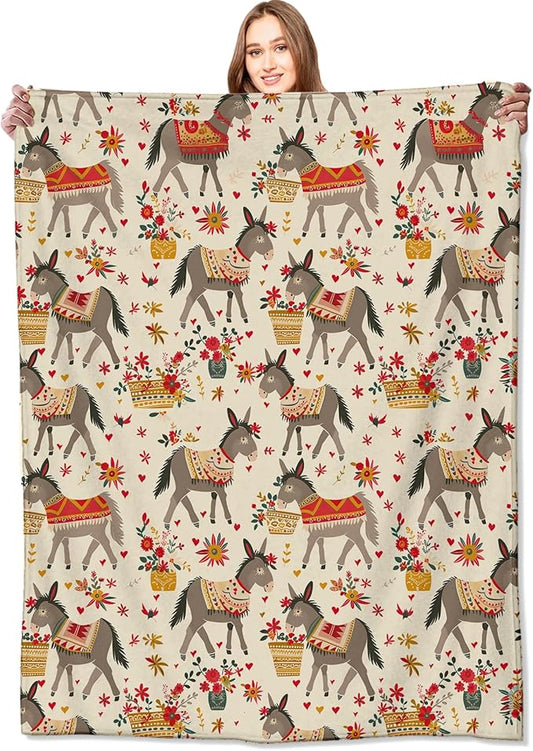 Rustic Donkey Blanket Colorful Floral Flowers Throw Blankets Gifts for Girls Boys Adults Lightweight Soft Fleece Cozy for Sofa Couch Bed Room Travel Birthday Farmhouse Decor 50x60in