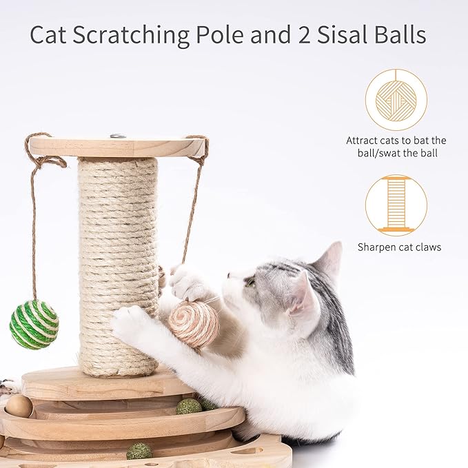 MEWOOFUN Cat Toy 2-Layer Turntable Cat Ball Toy with Feather,Kitten Toys Interactive Cat Toy with Eight Interactive Balls and Two Sisal Dangling Balls (Medium)