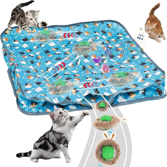 Cat Toys for Bored Indoor Adult Cats, 3rd Gen Interactive Cat Toy, Fast Rolling Ball in Play Mat, Cat Enrichment Toys for Indoor Cats, Hide and Seek Mouse Catching Game, Kitten Toys