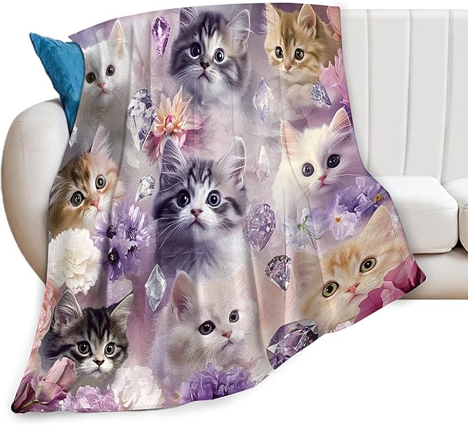 Kawaii Cat Blanket - Soft Cozy Kitten Plush Throw Blanket, Super Warm Fleece Fuzzy Bedding Blanket for Kids, Girls, Boys, Women Bed Decor Stuff, 60"X80