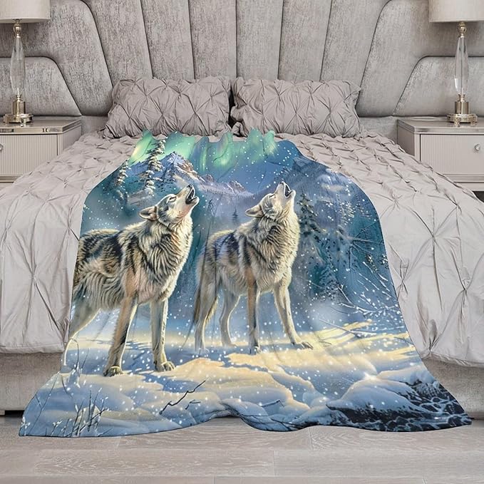 Wolf Blanket Wolf Aurora Borealis Gifts for Girls Boys Woman Kids Wolf Lover Throw Blankets Soft Blanket Warm Fleece Flannel Plush Blankets for Bed Sofa Couch 50"x60"