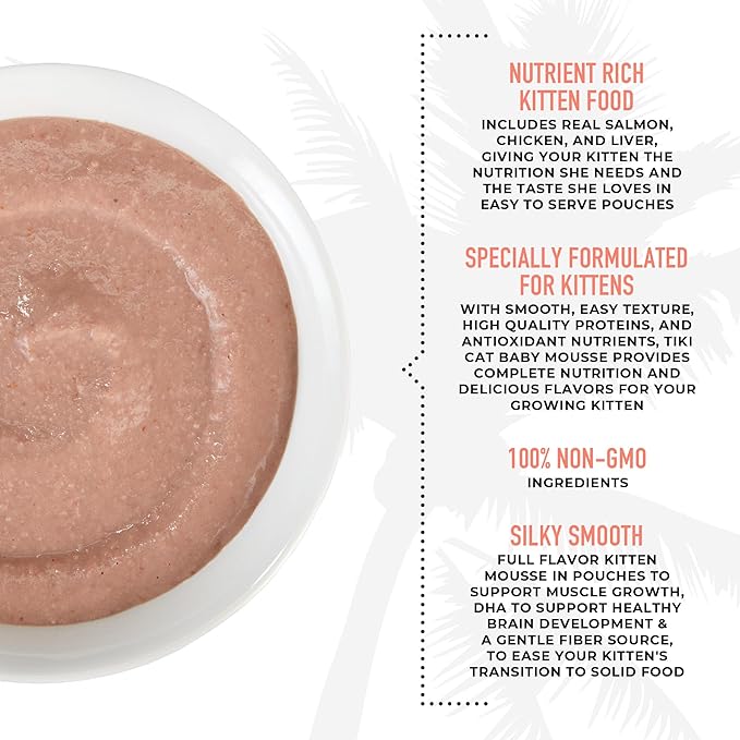 Tiki Cat Baby, Salmon & Chicken, Grain-Free and Nutrient Rich, Wet Cat Food for Kittens 4 Weeks+, 2.4 oz. Pouch (Pack of 12)