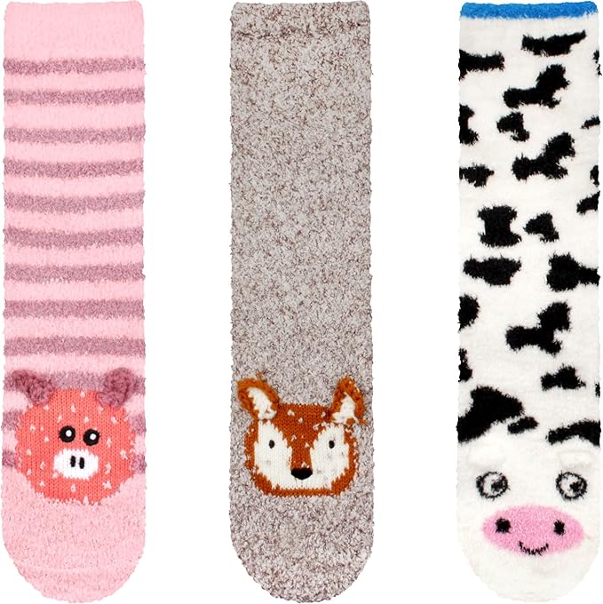 BambooMN Super Soft Warm Cute Animal Face Non-Slip Fuzzy Crew Winter Home Socks, Value Pack