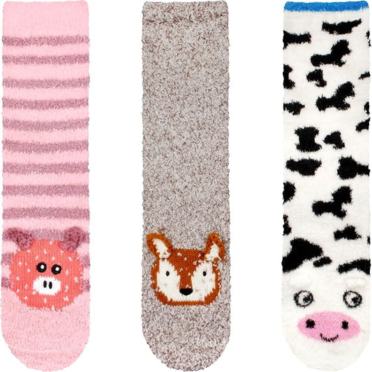 BambooMN Super Soft Warm Cute Animal Face Non-Slip Fuzzy Crew Winter Home Socks, Value Pack