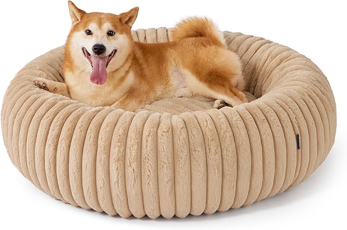 Bedsure Donut Large Dog Bed - Washable Faux Fur Dog Beds Large Sized Dog with Corduroy Fleece & Anti Slip Bottom, Round Pet Beds with Removable Cover, Sandy Tan, 36x36x10 inches