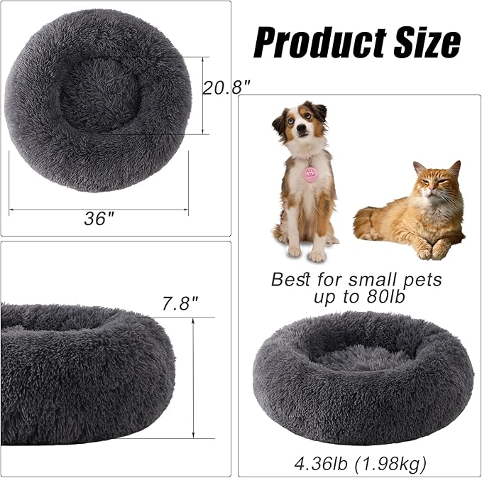 Calming Dog Bed, Dog Beds Fits up to 80 lbs Pets, Fluffy Donut Dog & Cat Bed Washable, Round Anti Anxiety Dog Bed, Small Dog Bed with Non-Slip Bottom (Dark Grey, 36" x 36")