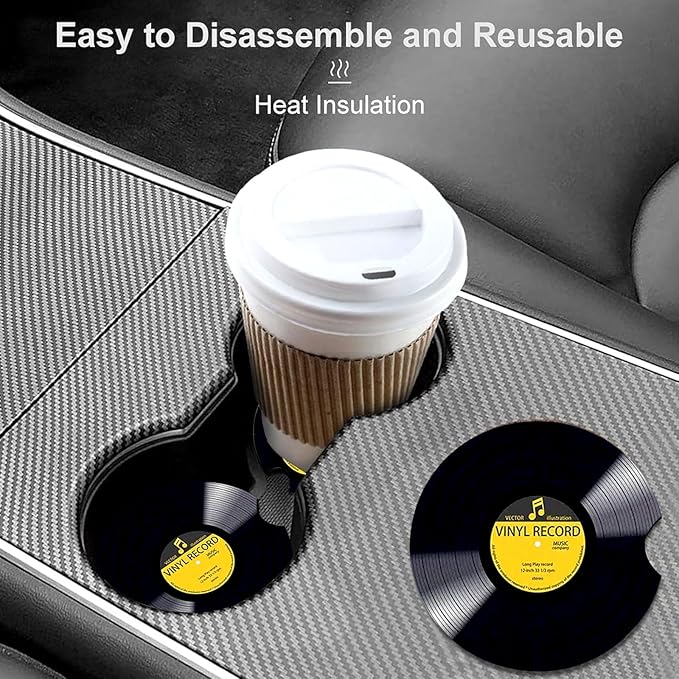 Car Coasters for Cup Holders,2 Pack Retro Vinyl Record Car Coasters,2.75" Universal Size Anti Slip Rubber Mat,Automotive Cup Holder Decal Decor Accessories,Gifts for Women,Men,Mom