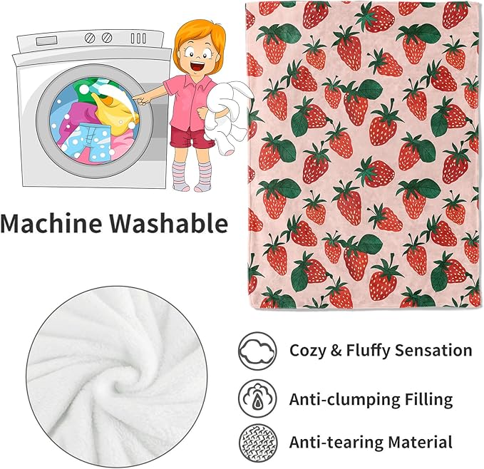 Sweet Strawberry Blanket Green Leaves Throw Blankets Gifts for Girls Women Adults Lightweight Soft Fleece Cozy for Sofa Couch Bed Room Travel Birthday Farmhouse Decor 50x60in