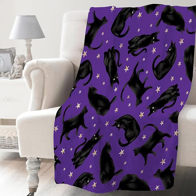 Khumbhira Cute Black Cats Blanket Gifts for Cat Lovers Girl, Stars Plush Moon Halloween Throw Blanket for Women Lightweight Flannel Fleece Christmas Bedding for Bed Couch Chair for Adults 80x60In