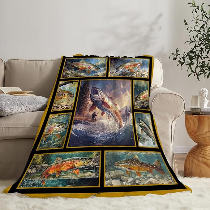 Fishing Throw Blanket Ultra Soft Cozy Rainbow Trout Fish Blanket Fleece Fuzzy Plush Fishing Lovers Decor Gifts for Women Girls Adults Couch Sofa 80"x60"