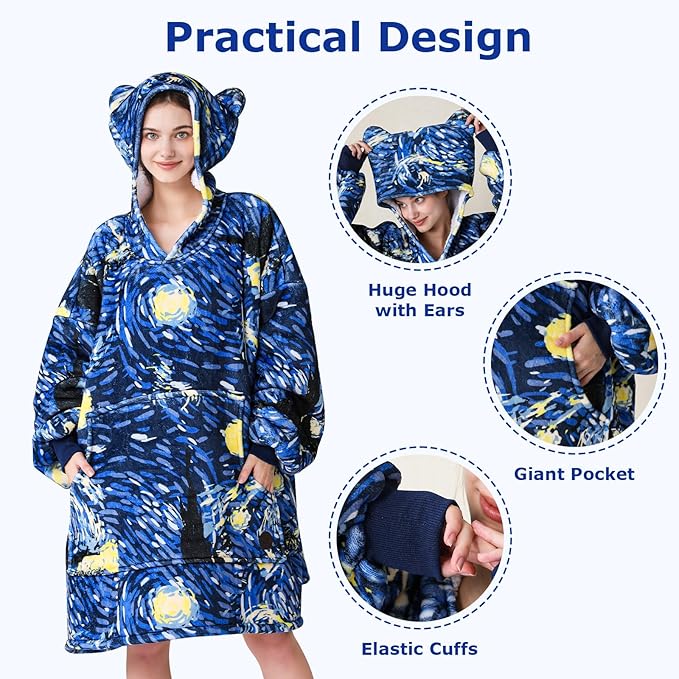 THREE POODLE Wearable Blanket Hoodie for Women, Oversized Sherpa Sweatshirt Blanket for Adults Men, Warm Cozy Starry Hooded Blanket, Gifts for Mom Girlfriend Sister