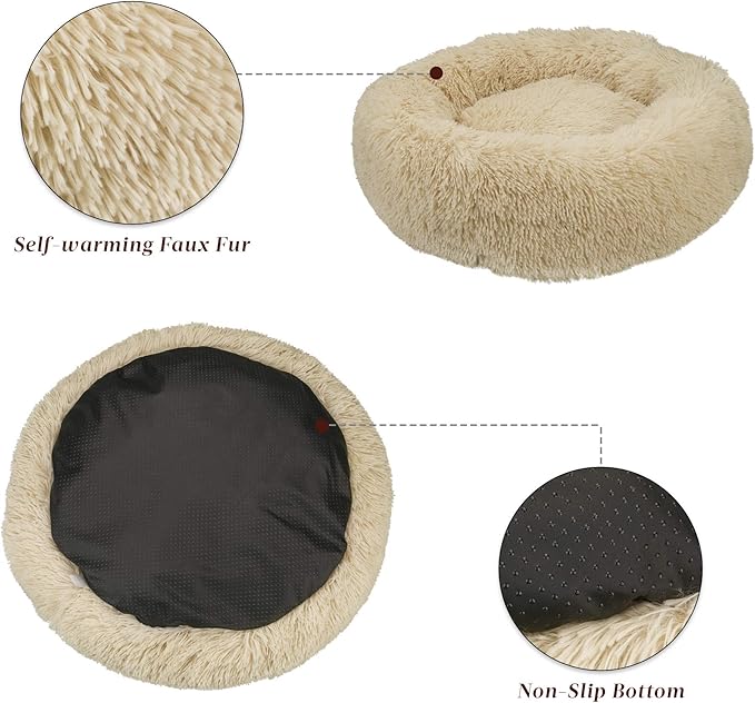 Calming Cat Beds for Indoor Cats, Anti Anxiety Round Fluffy Plush Faux Fur Cat Bed, Washable 23 inches Small Dog Bed & Cat Bed