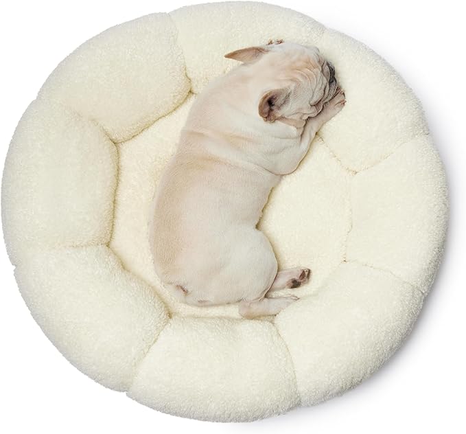 Lesure Calming Medium Dog Bed - Flower Donut Round Fluffy Puppy Bed in Plush Teddy Sherpa, Non-Slip Cute Flower Cat Beds for Indoor Cats, Medium Pet Bed Fits up to 45 lbs, Machine Washable, Cream 30"