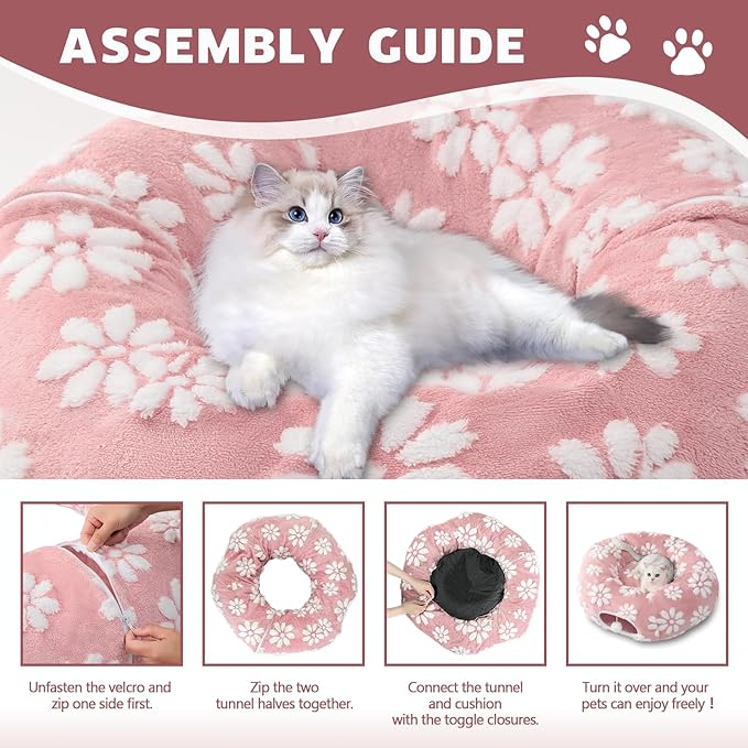 Cat Tunnel for Indoor Cats, Cute Peekaboo Cat Cave Play Tunnel with Dangling Balls, Pet Donut Tunnel Bed with Circle Mat for Cat Puppy Kitten Rabbit, Pink