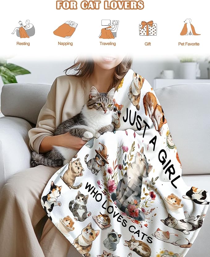 Cat Gifts for Women, Cat Blanket for Women, Cats Lover Blanket for Girls, Just A Girl Who Love Cats, Cat Themed Gifts Idea, Cartoon Cat Blanket for Girls 40" X 50"