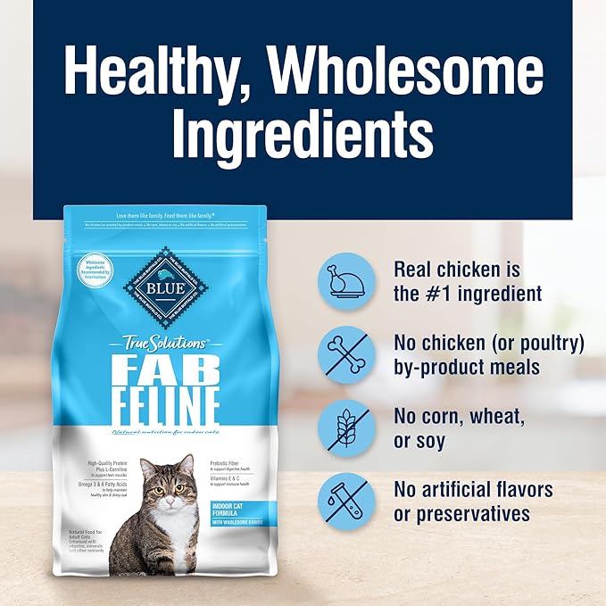 Blue Buffalo True Solutions Fab Feline Natural Dry Food for Adult Indoor Cats, Chicken, 11-lb. Bag