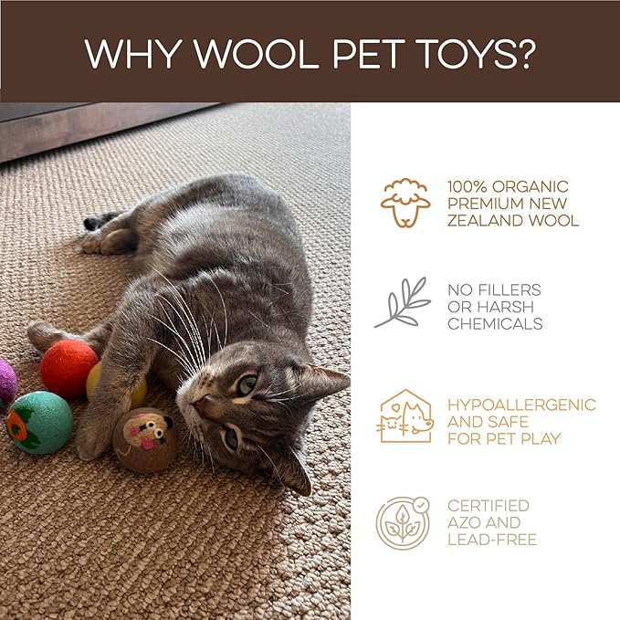 Hustle & Blush Wool Felt Balls 3 Pack Love Ewe Pet Supplies - 2in Felted Wool Cat Toys 100% New Zealand Wool Felt Cat Toys Handmade Wool Felt Balls, Colorful Wool Balls for Cats - Fish and Bird