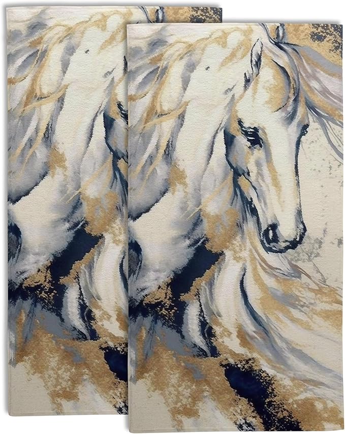 Golden Horse Oil Painting Kitchen Hand Towel Set of 2,Abstract Art Painting Bathroom Hand Towel,Soft Absorbent Decorative for Bathroom Kitchen Hotel
