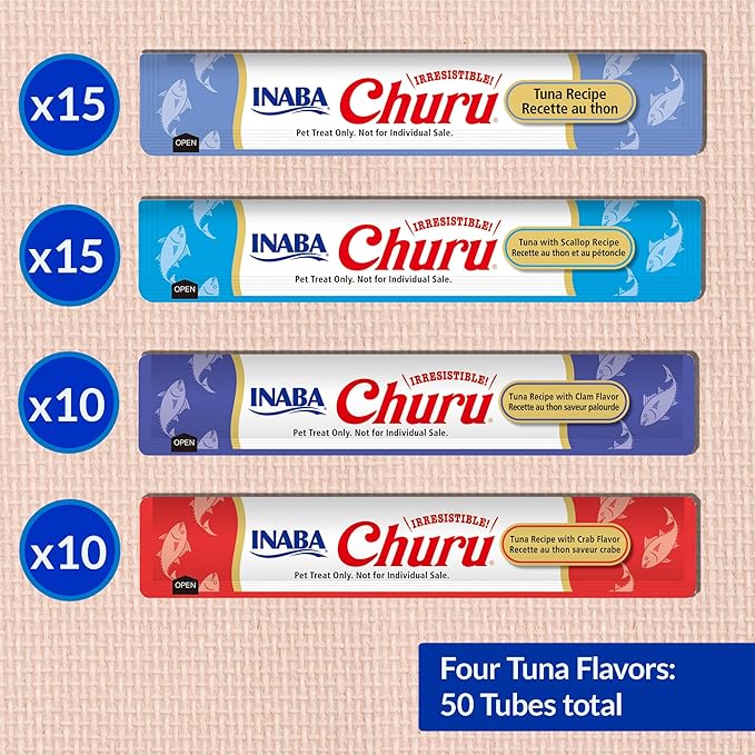 INABA Churu Cat Treats, Grain-Free, Lickable, Squeezable Creamy Purée Cat Treat/Topper with Vitamin E & Taurine, 0.5 Ounces Each Tube, 50 Tubes, Tuna & Seafood Variety