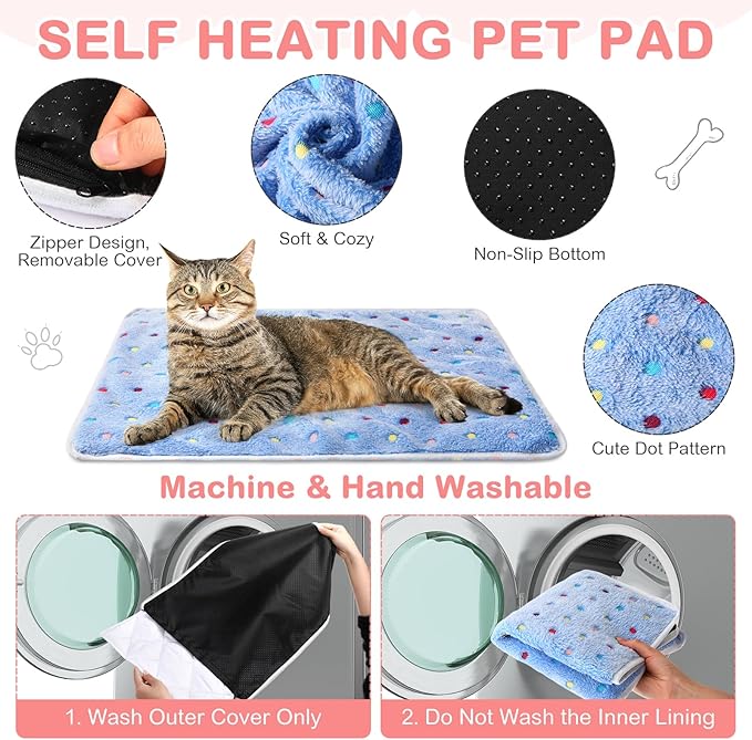 4 Pack Self Heating Cat Bed Cat Self Warming Pad with Removable Cover Extra Warm Thermal Pet Pad Washable Pet Crate Mat Anti Slip Kennel Pad for Indoor Outdoor Pets (Dot,16 x 20 Inches)