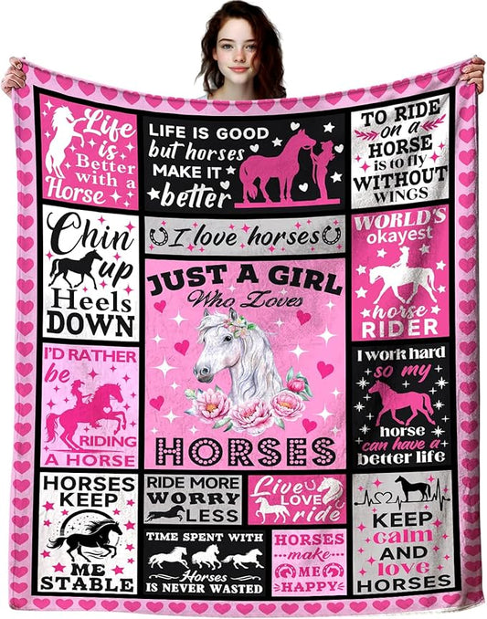 Horse Gifts Blanket Just A Girl Who Loves Horses Themed Blankets for Horse Lovers Adults Women Girls Christmas Birthday Gifts Decor Throw Blanket 50"X40"