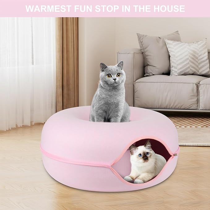 Cat Tunnel Bed, Cat Cave Bed ，Beds for Indoor Cats - Large Cat House for Pet Cat Cave ，Detachable Round Felt & Washable Interior Cat Play Tunnel for Small Pets (24 Inch, Pink)