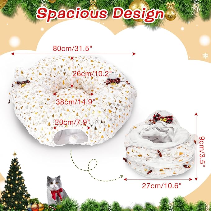 Cat Tunnel Bed for Indoor Cats, 3-in-1 Christmas Cat Donut Tunnel with Washable Cushion, Cat Tube Cave Toys Comes with Two Spherical Cat Fun Balls, for Kitten/Puppy/Rabbit, White