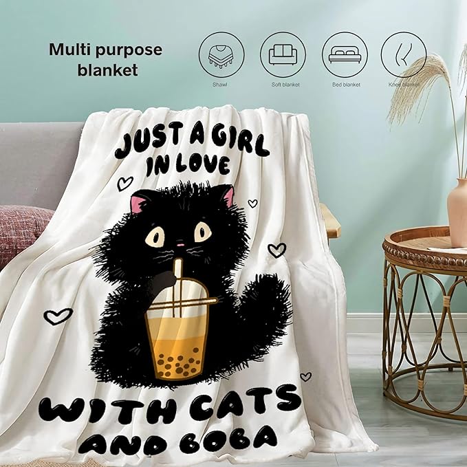 Just A Girl Love Cats Throw Blanket Super Soft Cozy Black Cats Blanket for Girl Kid Adult Cat Lovers Gifts Cute Pet Cats Fleece Blanket for Couch Bed Sofa Chair Dorm Home Decor 60"x 50"Medium for Teen