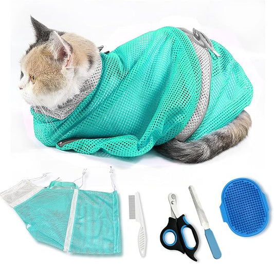 Adjustable Multifunctional Anti-Bite Shower net Bag，Cat Grooming Mesh Bag, Cat Bathing Bag，Cat Bath Brush and Cat Nail Clipper(A-Green)