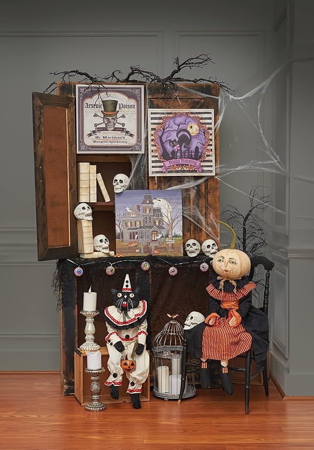 C&F Home Sebastian Black Cat Clown Halloween Figure Figurine Joe Spencer Gathered Traditions Soft Figure with Pumpkin Jack O Lantern Basket Decor Spooky Decoration 9" x 5" x 33" Multicolored