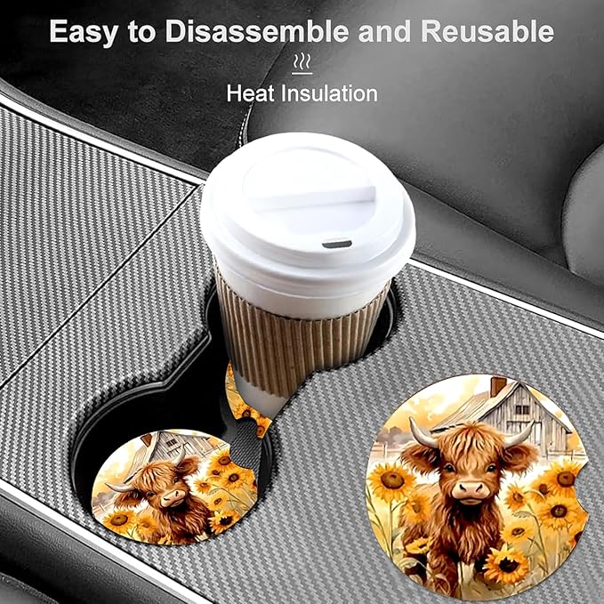 Car Coasters for Cup Holders,2 Pack Highland Cow Car Cup Holder Coasters,2.75" Universal Size Anti Slip Rubber Mat,Automotive Cup Holder Decor Accessories,Cow Print Gifts for Women,Men,Mom,Her